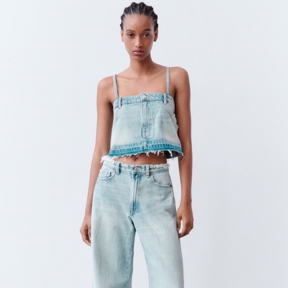 Zara Trf Denim Skirt Effect Crop Top